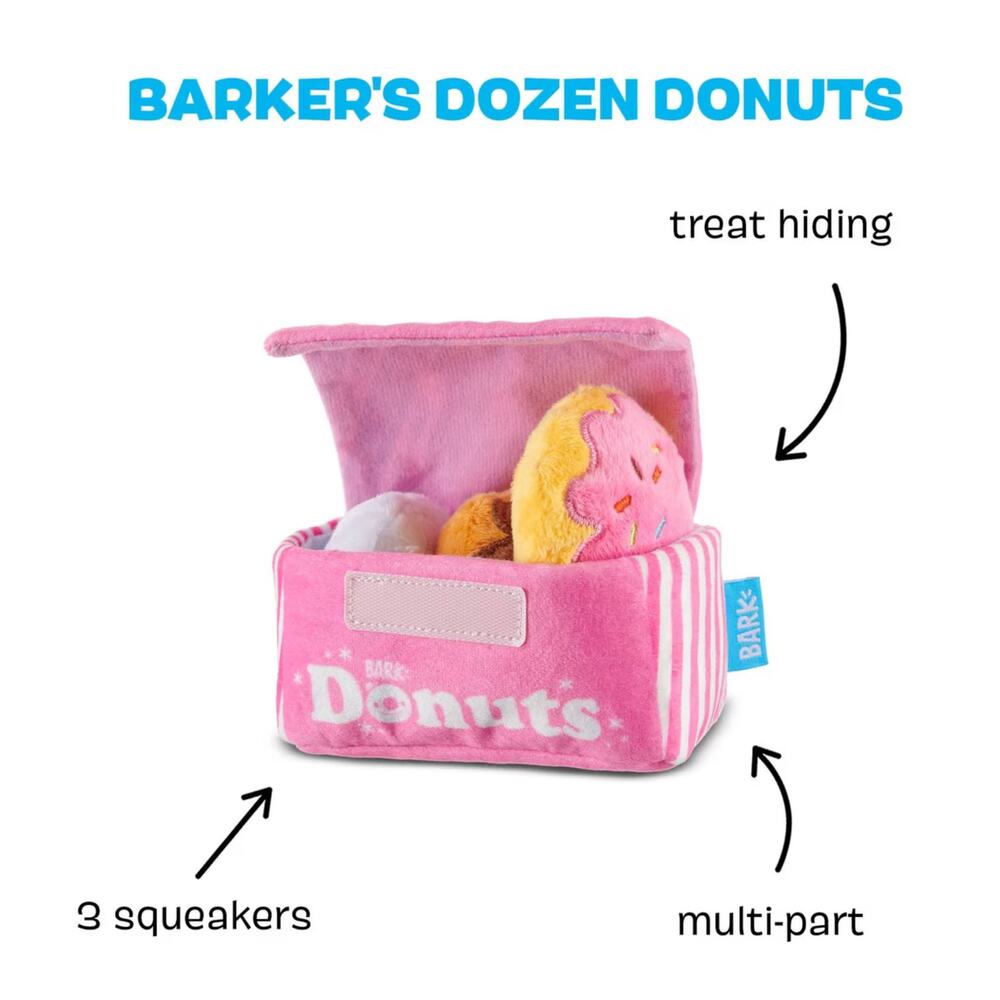 BARK Dog Toys Barker's Dozen Donuts Interactive Hide and Seek Plush Squeak Toy - Picture 3 of 5